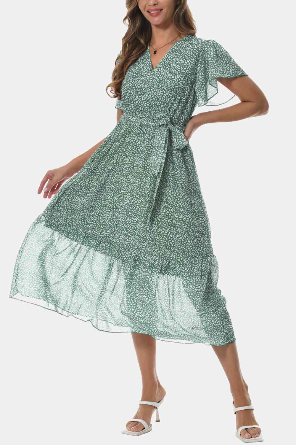 Surplice Neck Flutter Sleeve Tied Dress - Immenzive