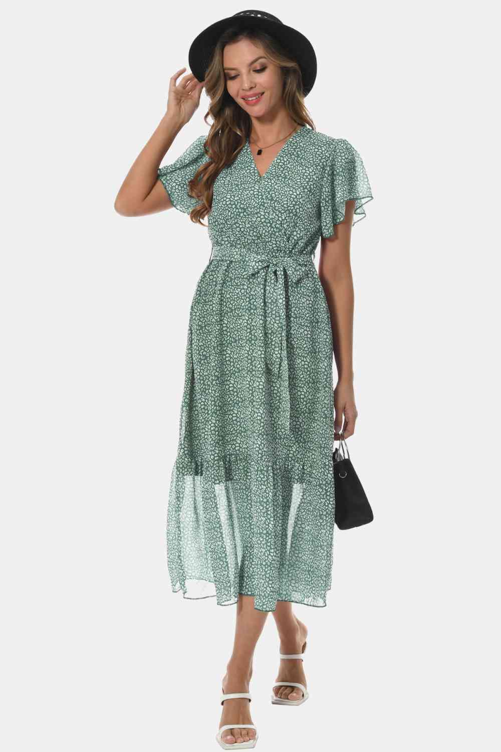 Surplice Neck Flutter Sleeve Tied Dress - Immenzive