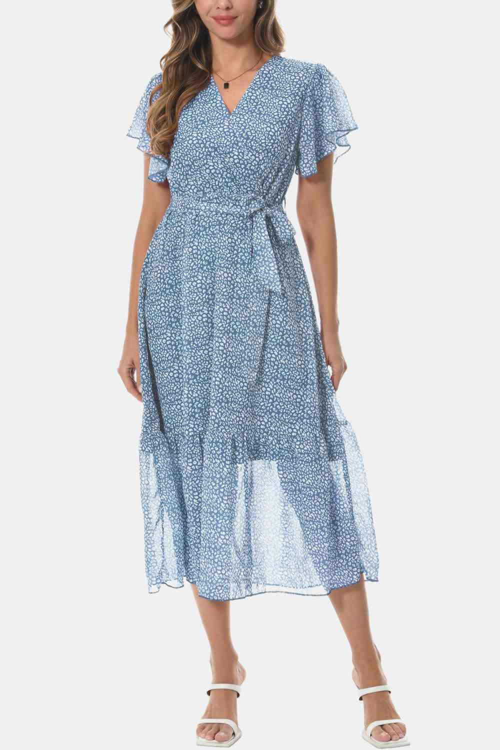 Surplice Neck Flutter Sleeve Tied Dress - Immenzive