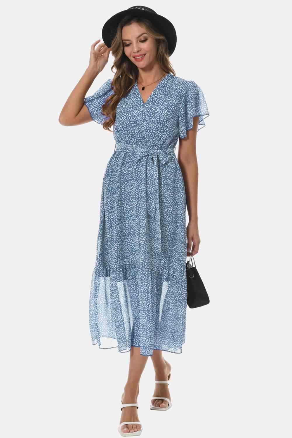 Surplice Neck Flutter Sleeve Tied Dress - Immenzive