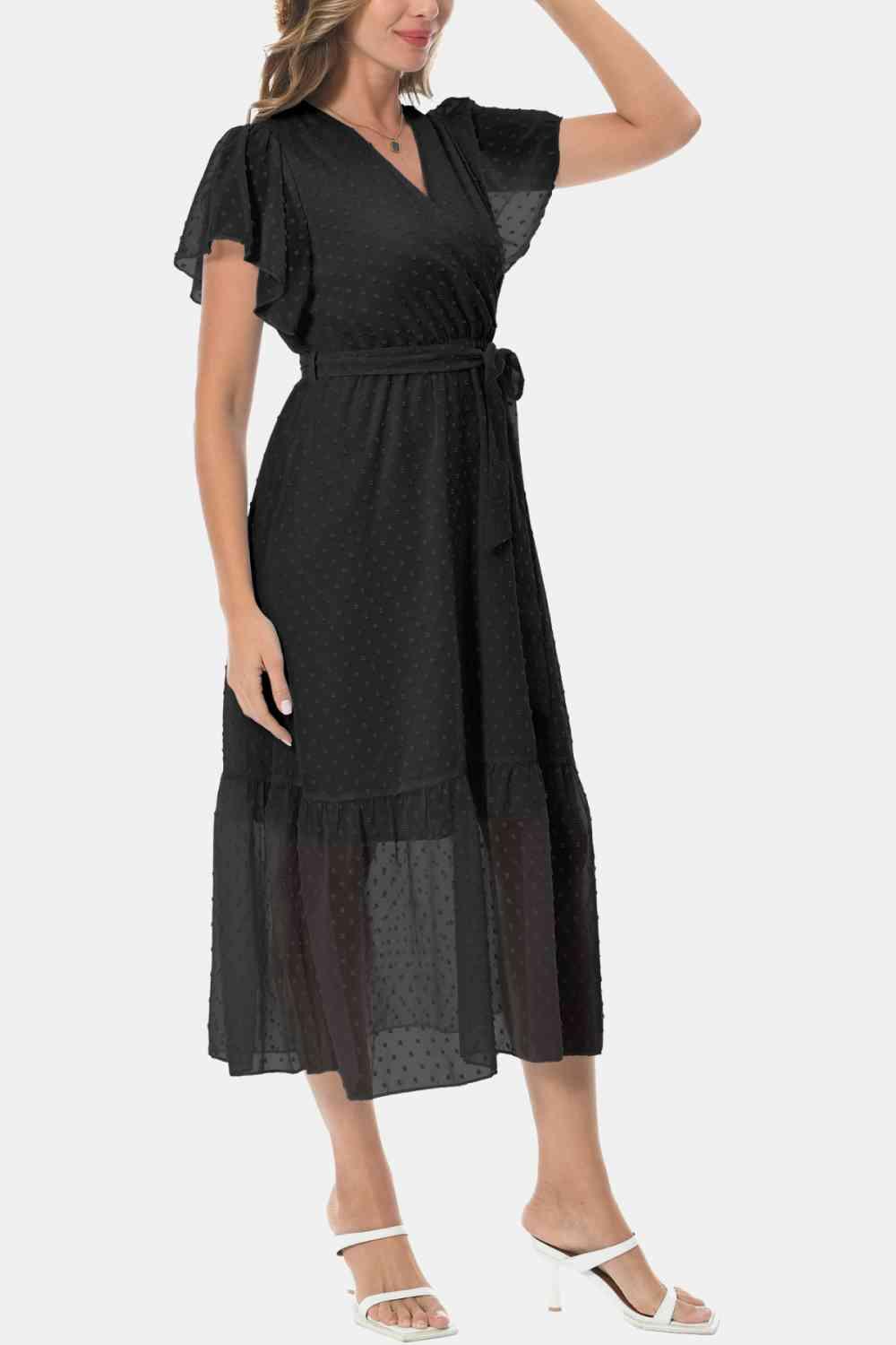 Surplice Neck Flutter Sleeve Tied Dress - Immenzive