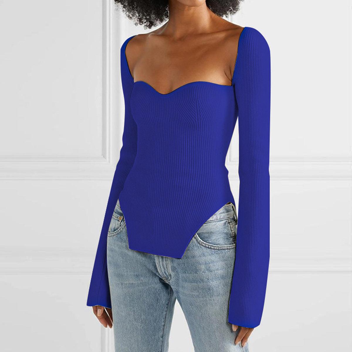 Sweetheart Neck Long Sleeve Knit Top - Immenzive