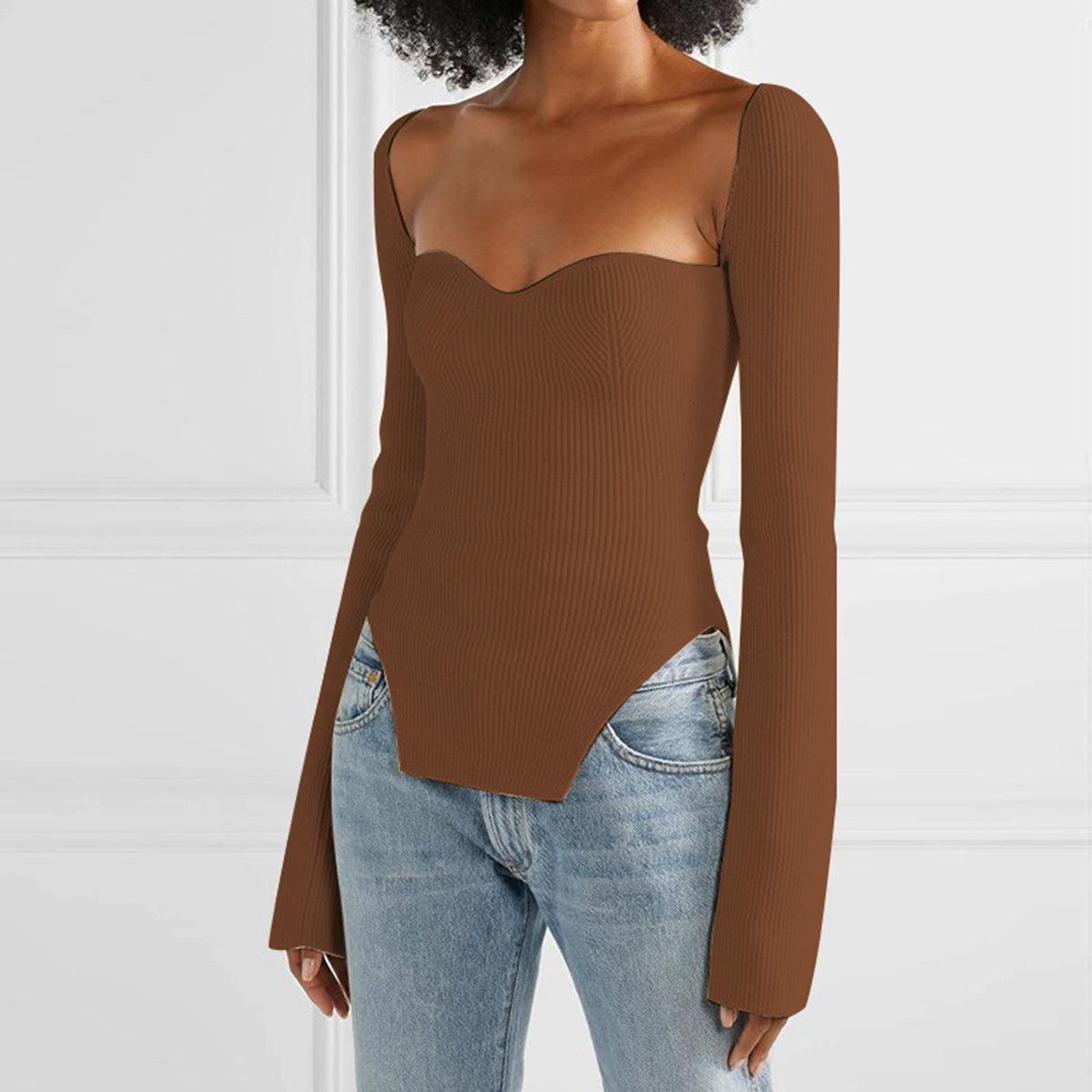 Sweetheart Neck Long Sleeve Knit Top - Immenzive