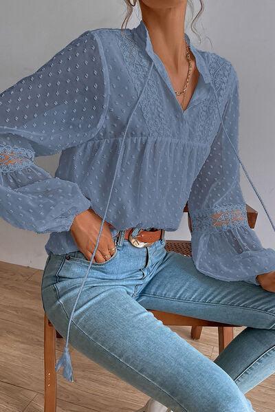 Swiss Dot Lace Detail Tie Neck Shirt - Immenzive
