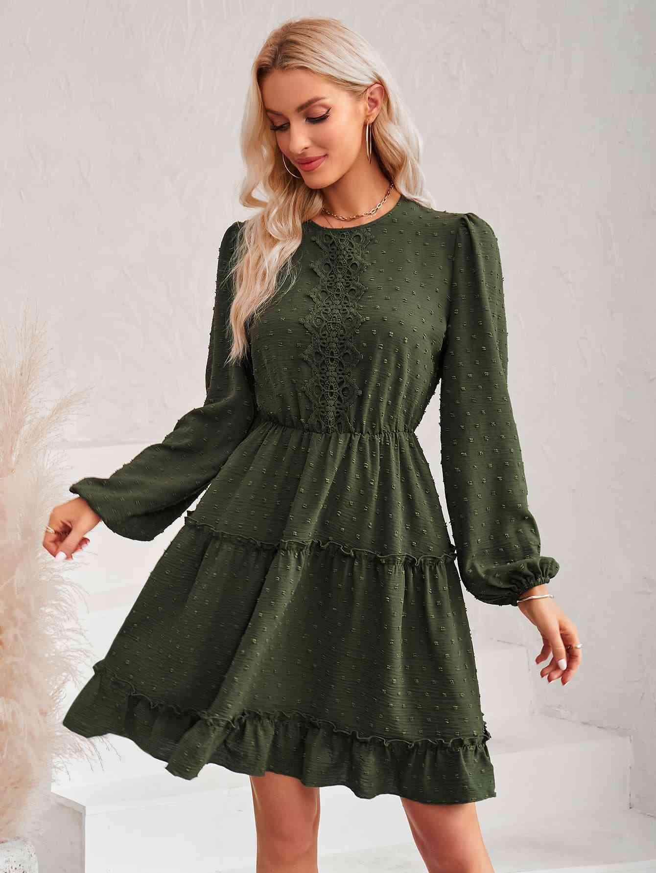 Swiss Dot Lace Trim Balloon Sleeve Dress - Immenzive