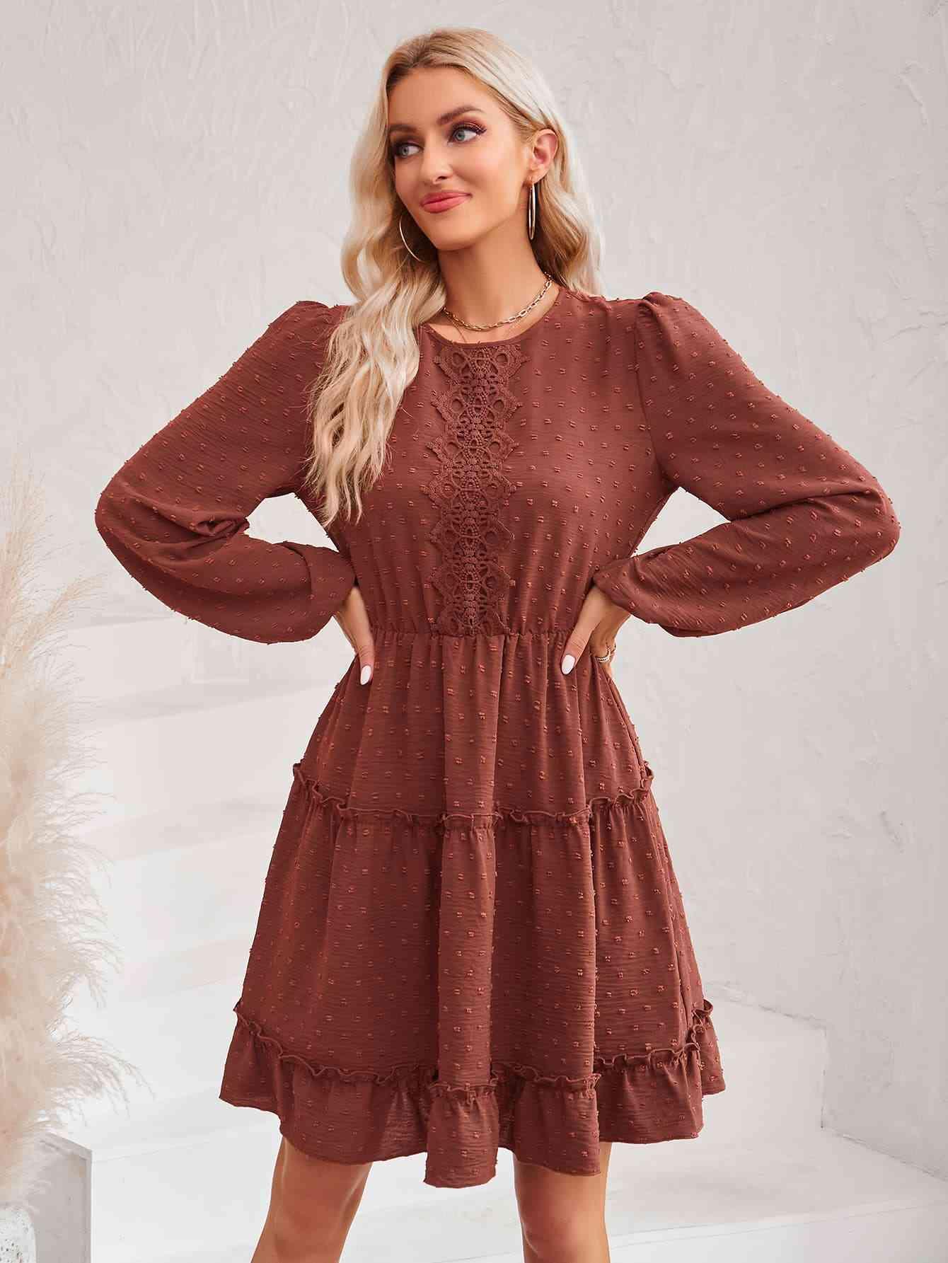 Swiss Dot Lace Trim Balloon Sleeve Dress - Immenzive