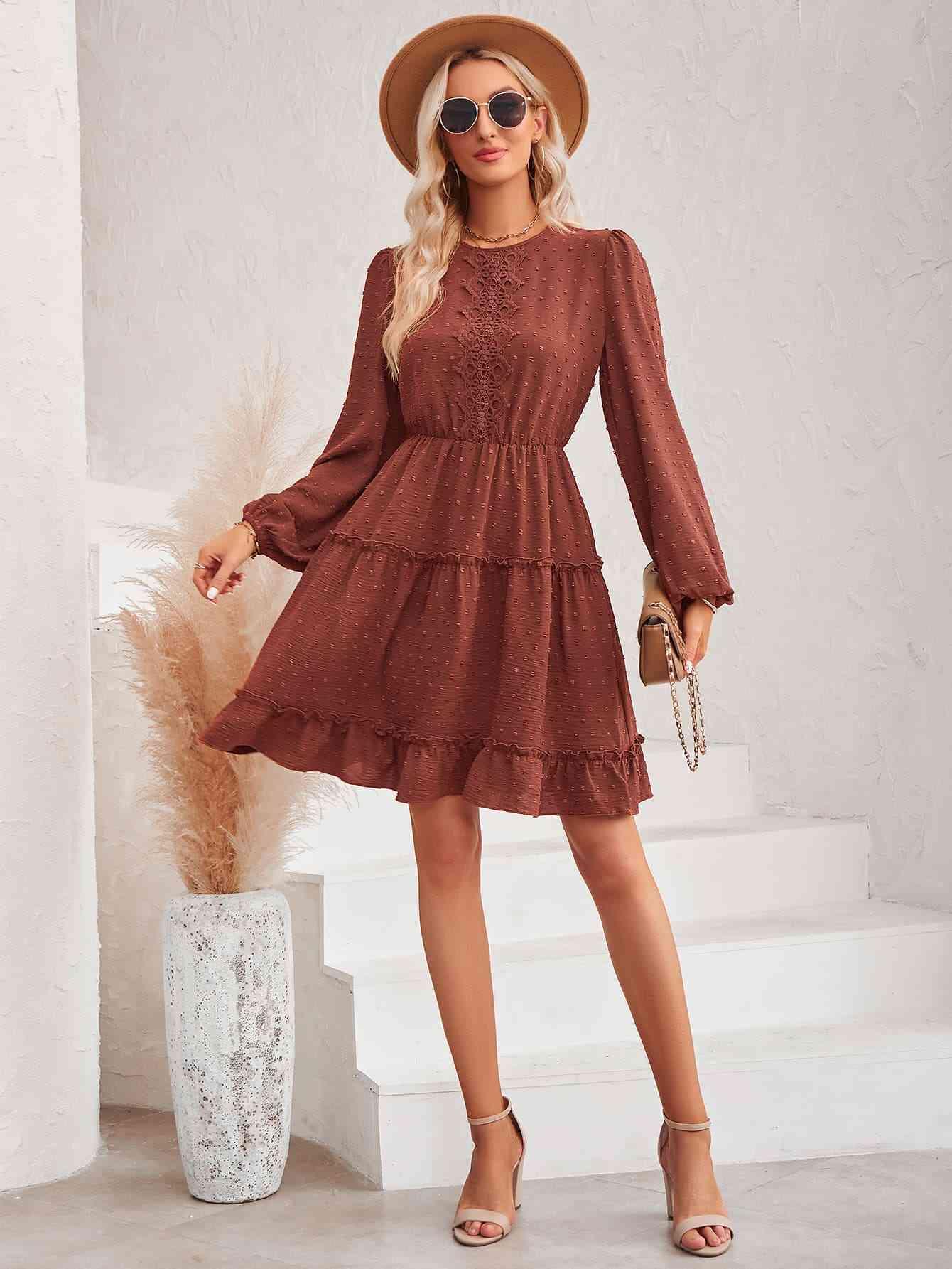 Swiss Dot Lace Trim Balloon Sleeve Dress - Immenzive