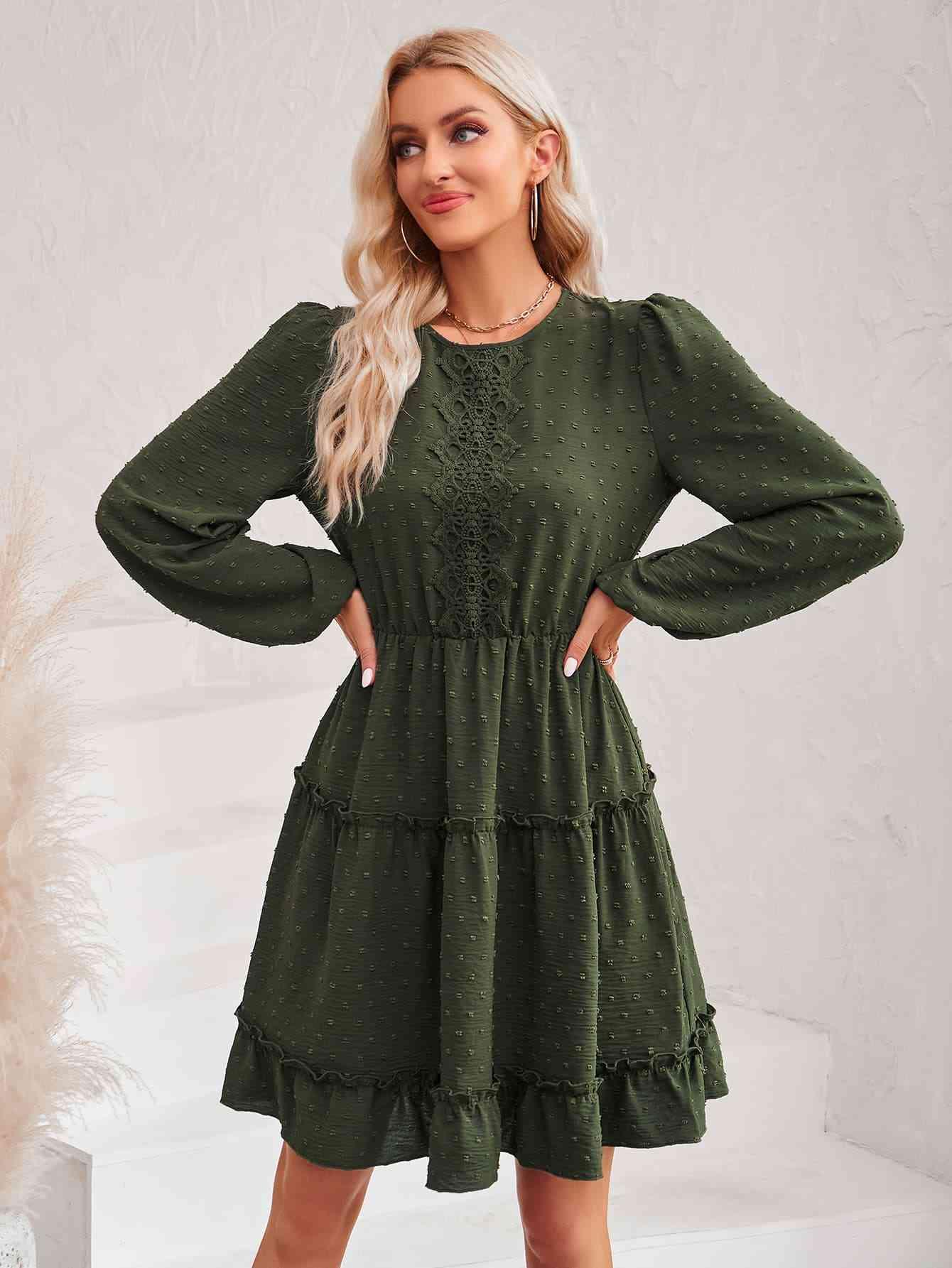 Swiss Dot Lace Trim Balloon Sleeve Dress - Immenzive