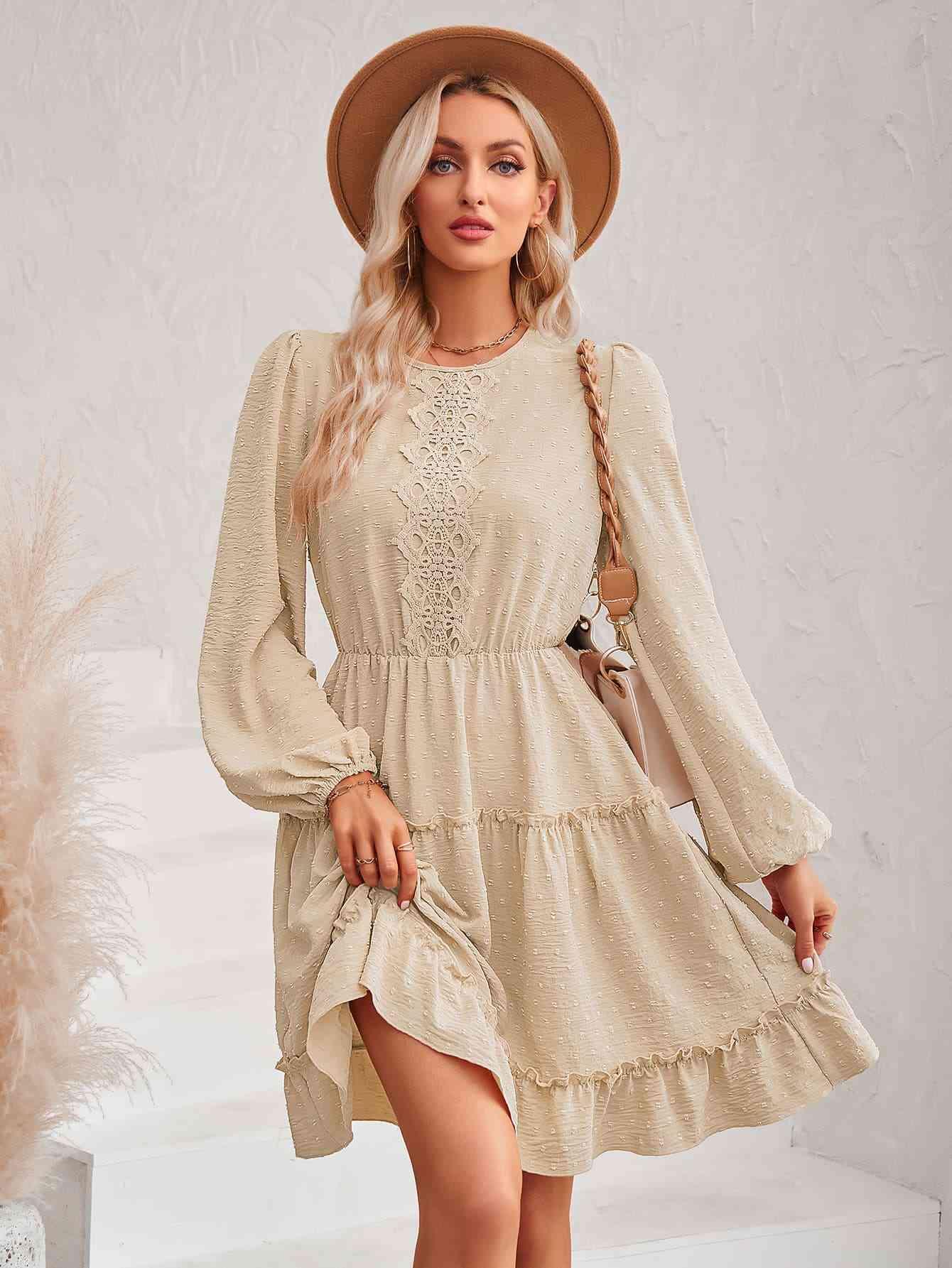 Swiss Dot Lace Trim Balloon Sleeve Dress - Immenzive