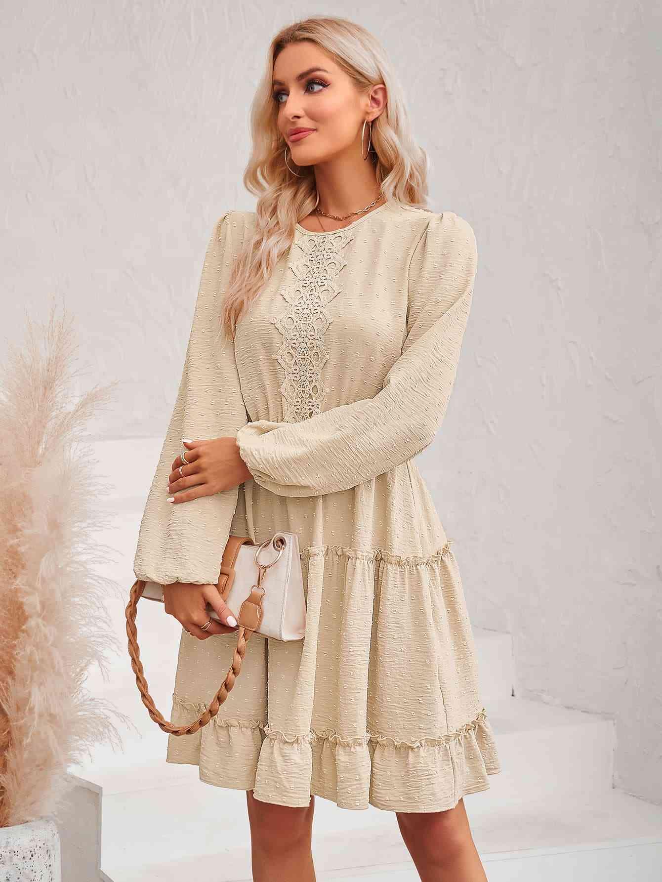 Swiss Dot Lace Trim Balloon Sleeve Dress - Immenzive