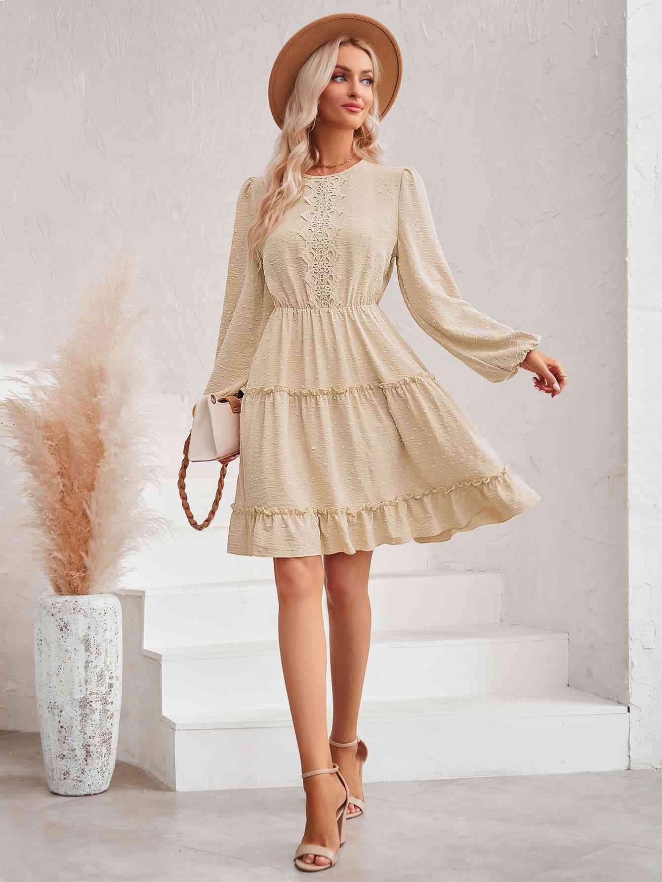 Swiss Dot Lace Trim Balloon Sleeve Dress - Immenzive