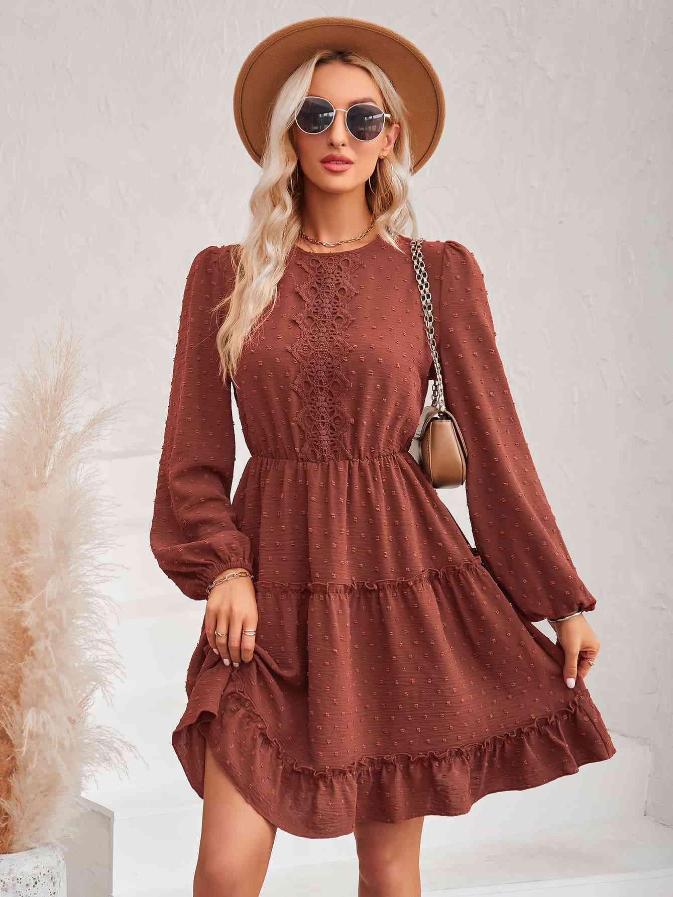 Swiss Dot Lace Trim Balloon Sleeve Dress - Immenzive