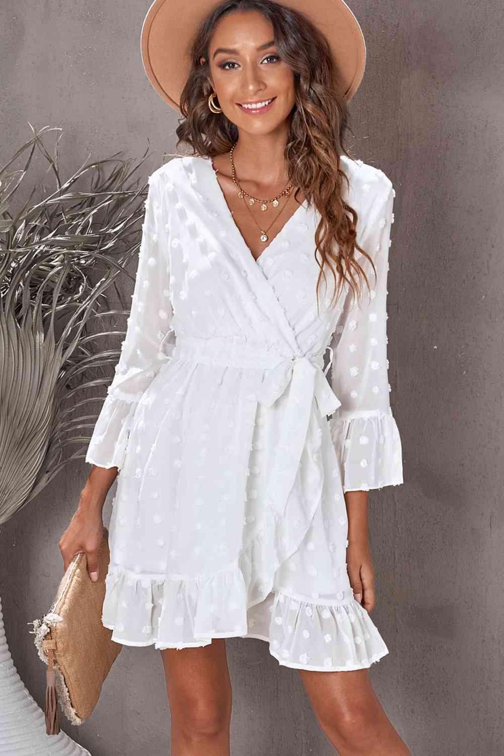 Swiss Dot Ruffled Tie-Waist Surplice Dress - Immenzive