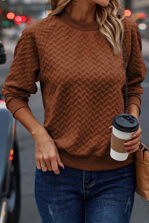 Texture Round Neck Long Sleeve Sweatshirt - Immenzive