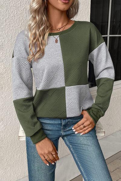 Textured Color Block Round Neck Sweatshirt - Immenzive