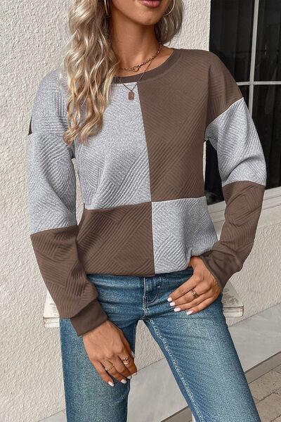 Textured Color Block Round Neck Sweatshirt - Immenzive