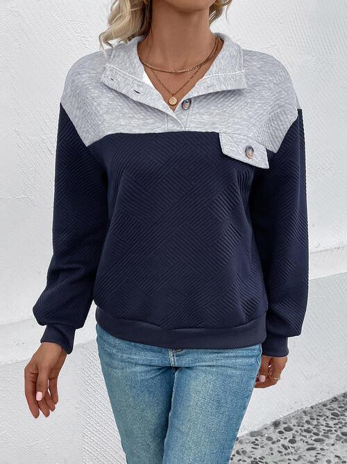 Textured Contrast Half Button Sweatshirt - Immenzive