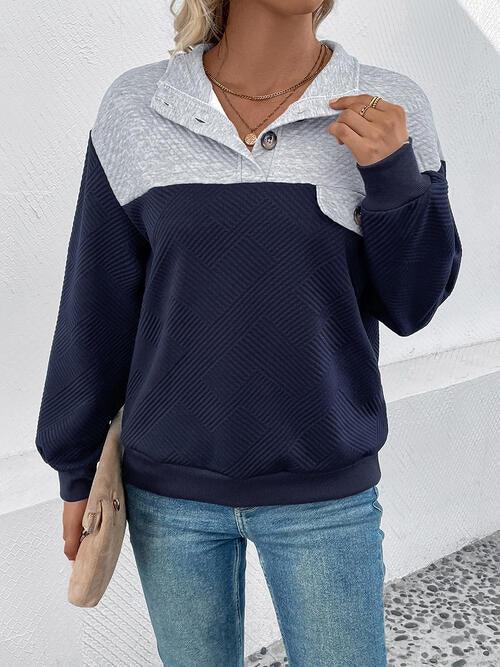 Textured Contrast Half Button Sweatshirt - Immenzive