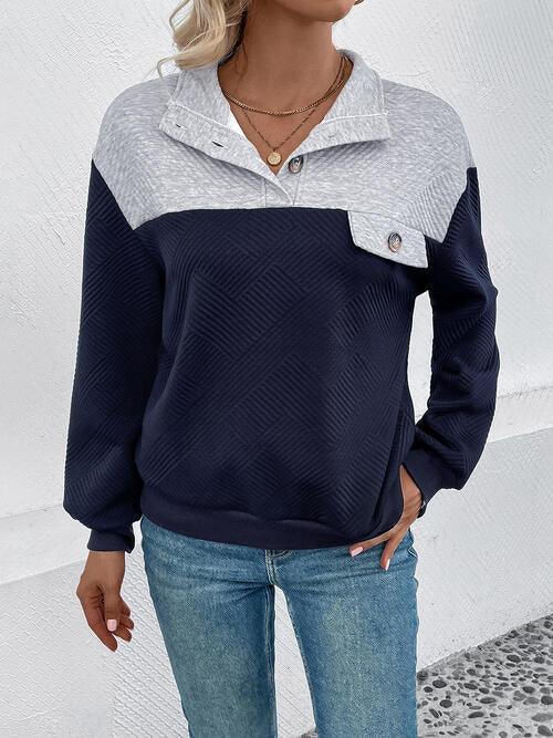 Textured Contrast Half Button Sweatshirt - Immenzive