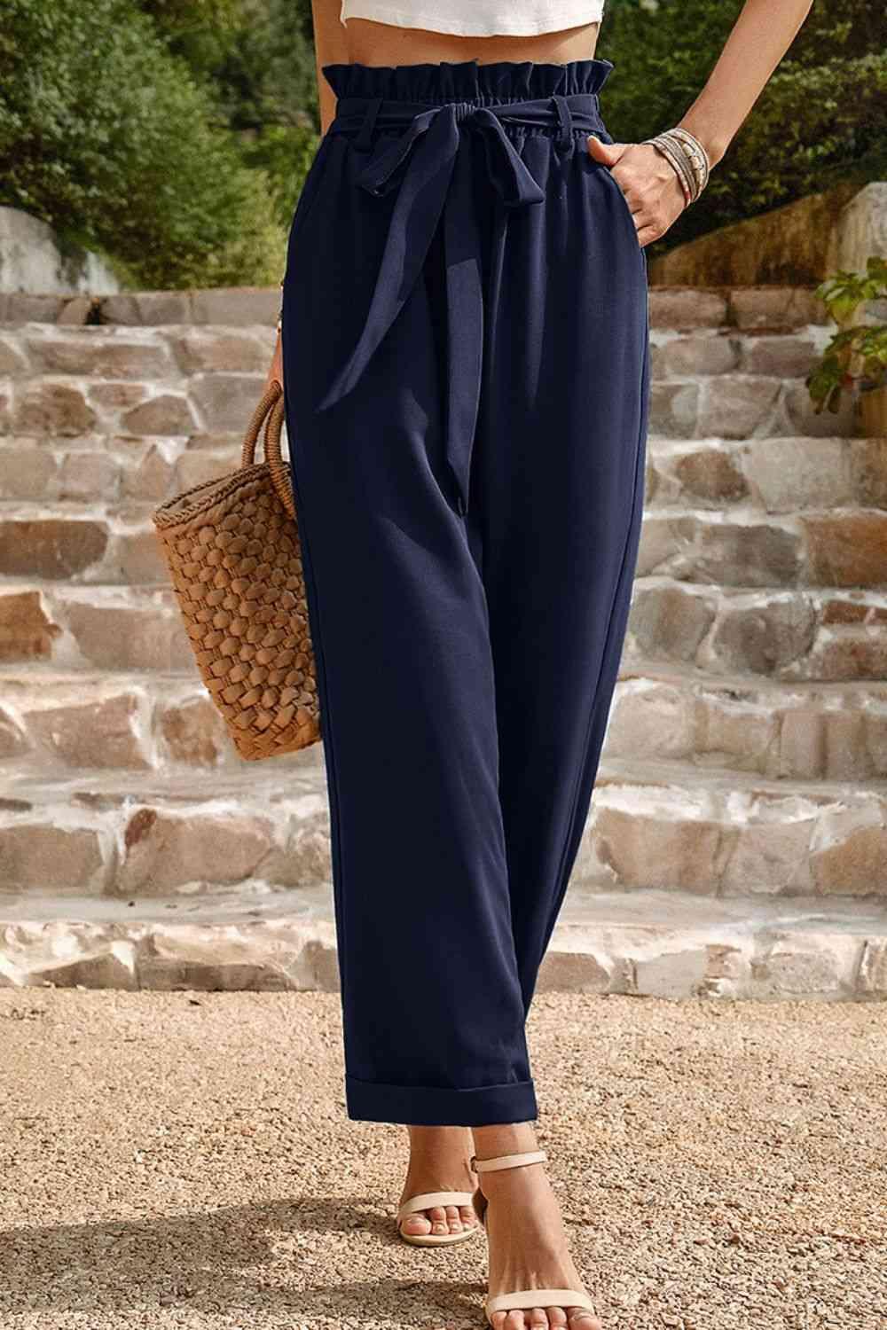 Tie Belt Paperbag Waist Straight Leg Pants - Immenzive