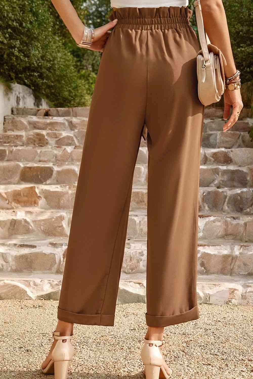 Tie Belt Paperbag Waist Straight Leg Pants - Immenzive