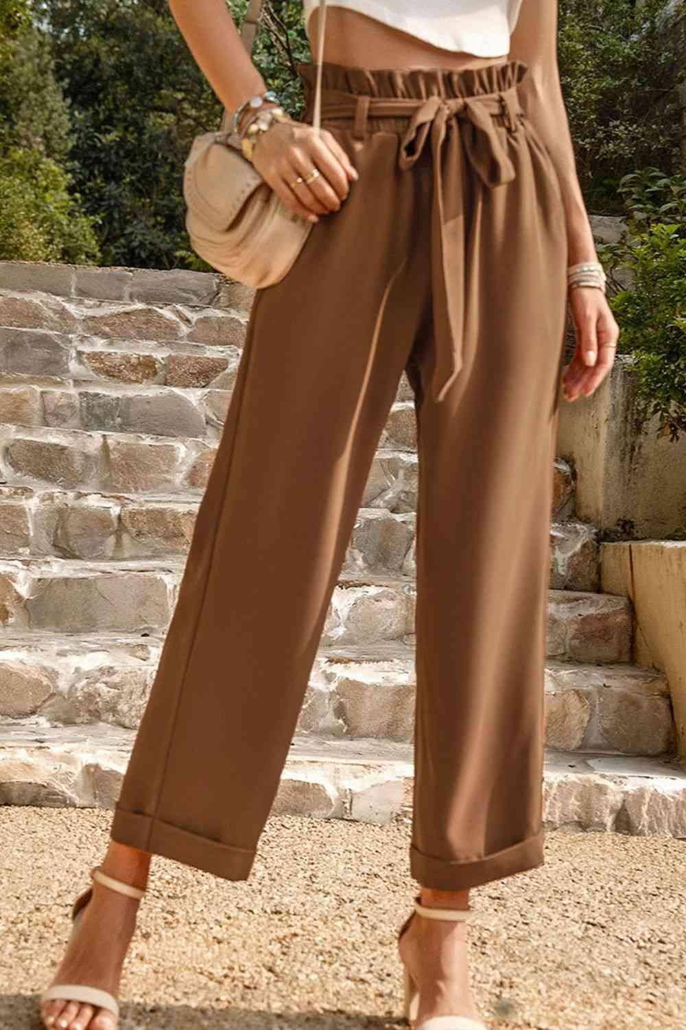 Tie Belt Paperbag Waist Straight Leg Pants - Immenzive