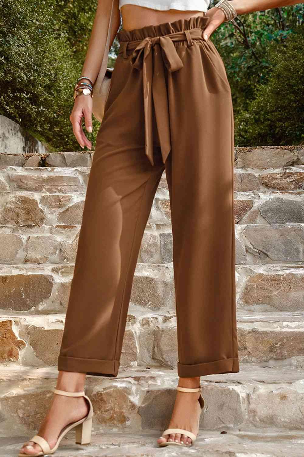 Tie Belt Paperbag Waist Straight Leg Pants - Immenzive