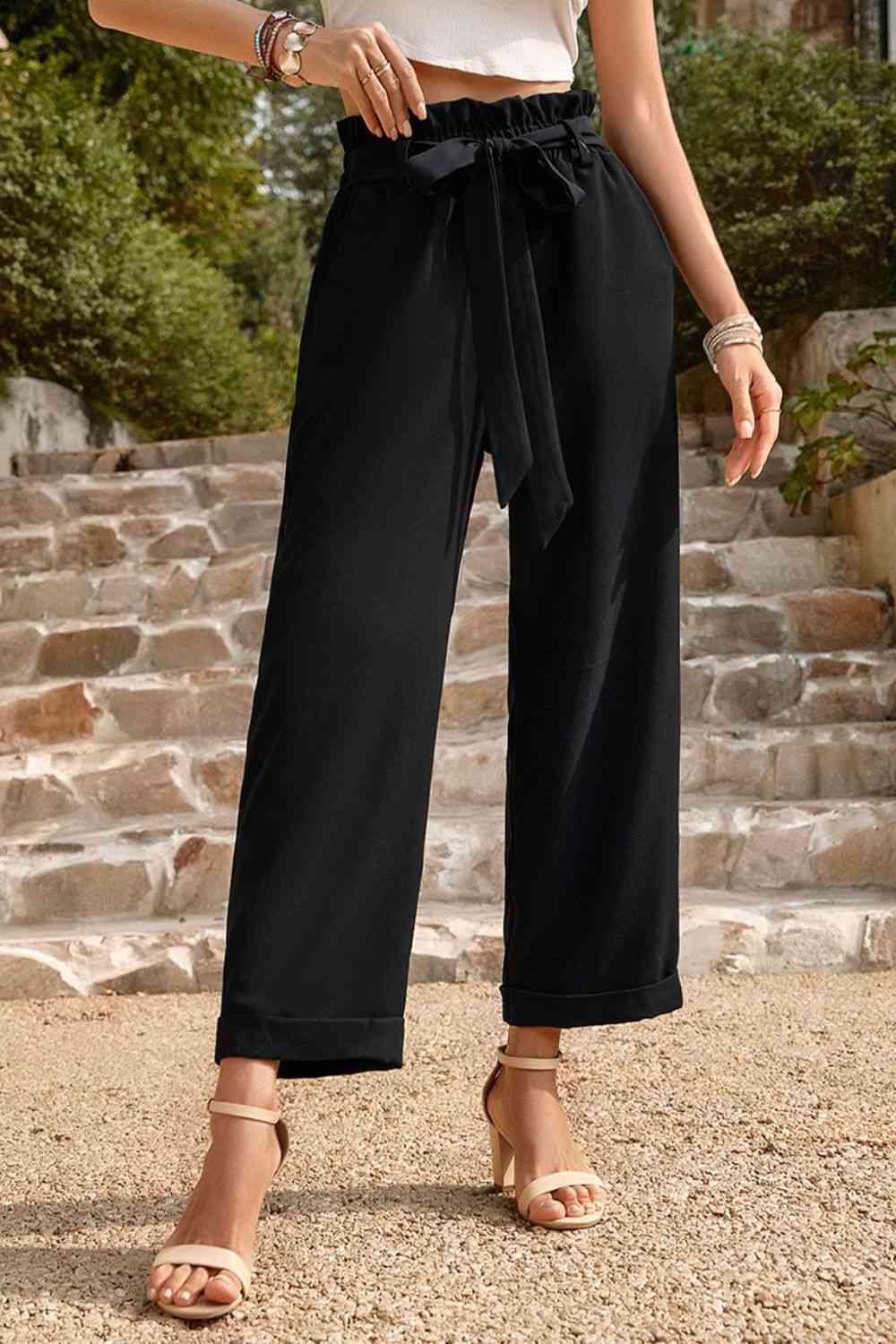 Tie Belt Paperbag Waist Straight Leg Pants - Immenzive