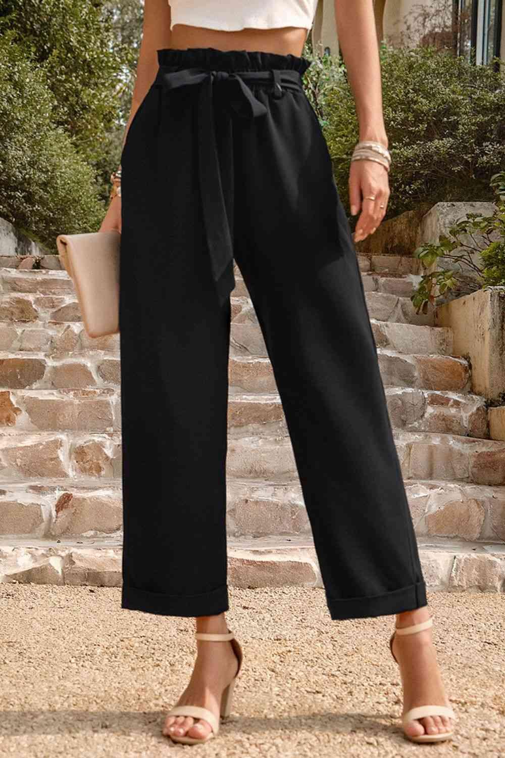 Tie Belt Paperbag Waist Straight Leg Pants - Immenzive