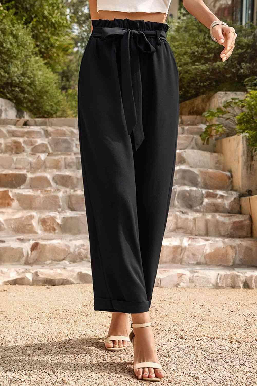 Tie Belt Paperbag Waist Straight Leg Pants - Immenzive