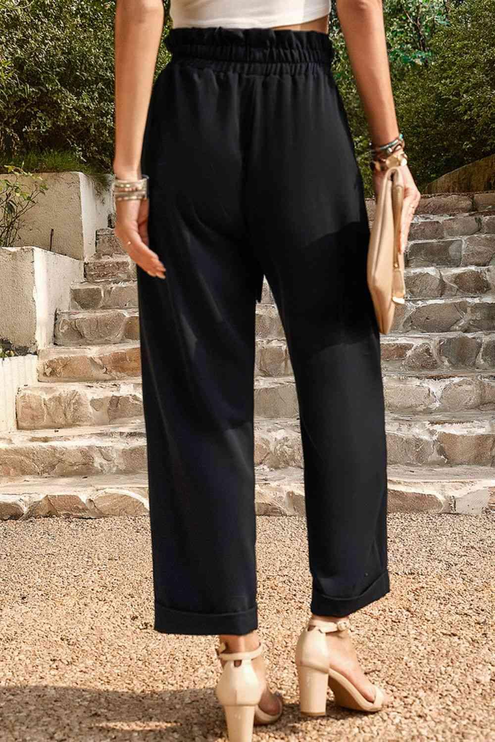 Tie Belt Paperbag Waist Straight Leg Pants - Immenzive