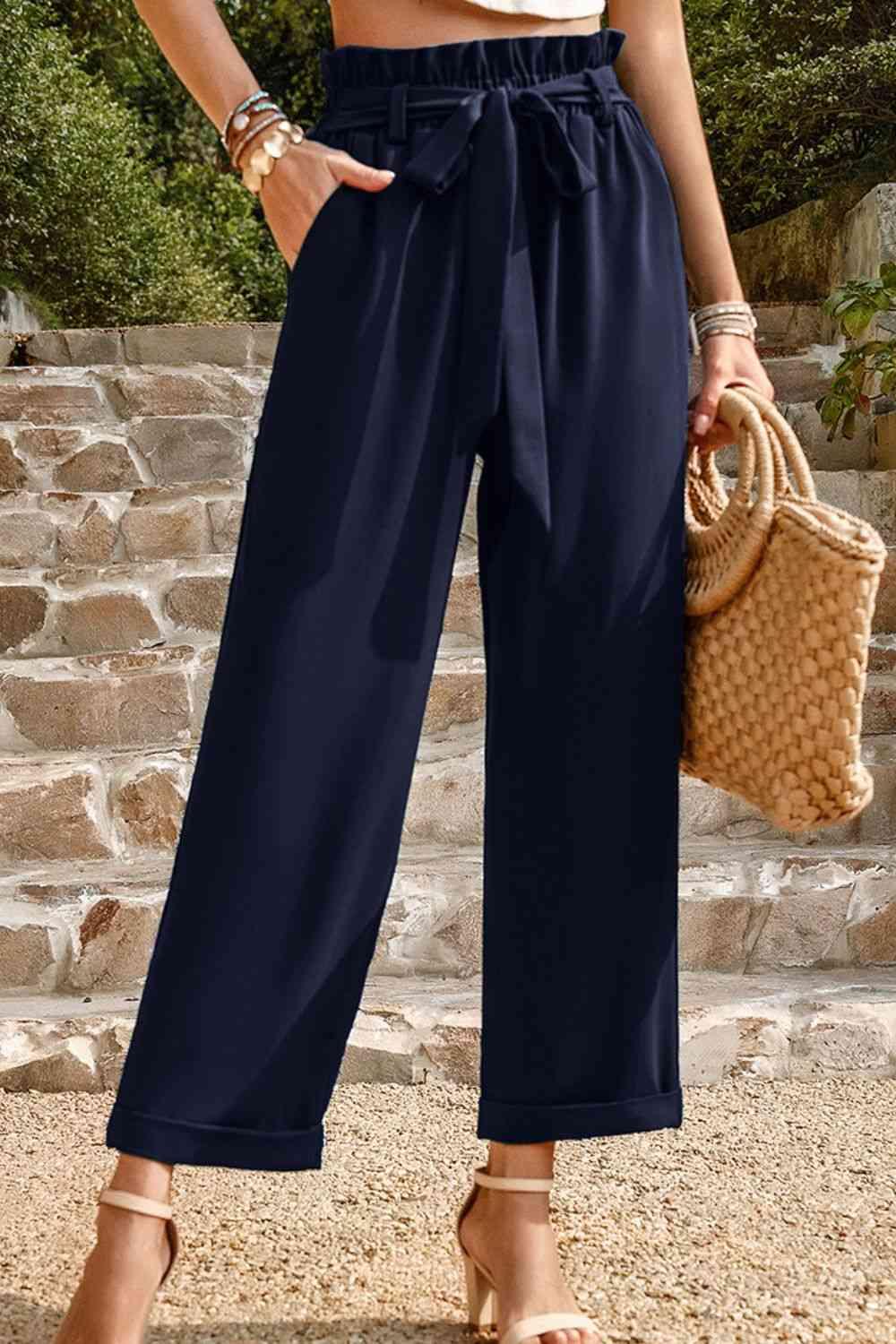 Tie Belt Paperbag Waist Straight Leg Pants - Immenzive