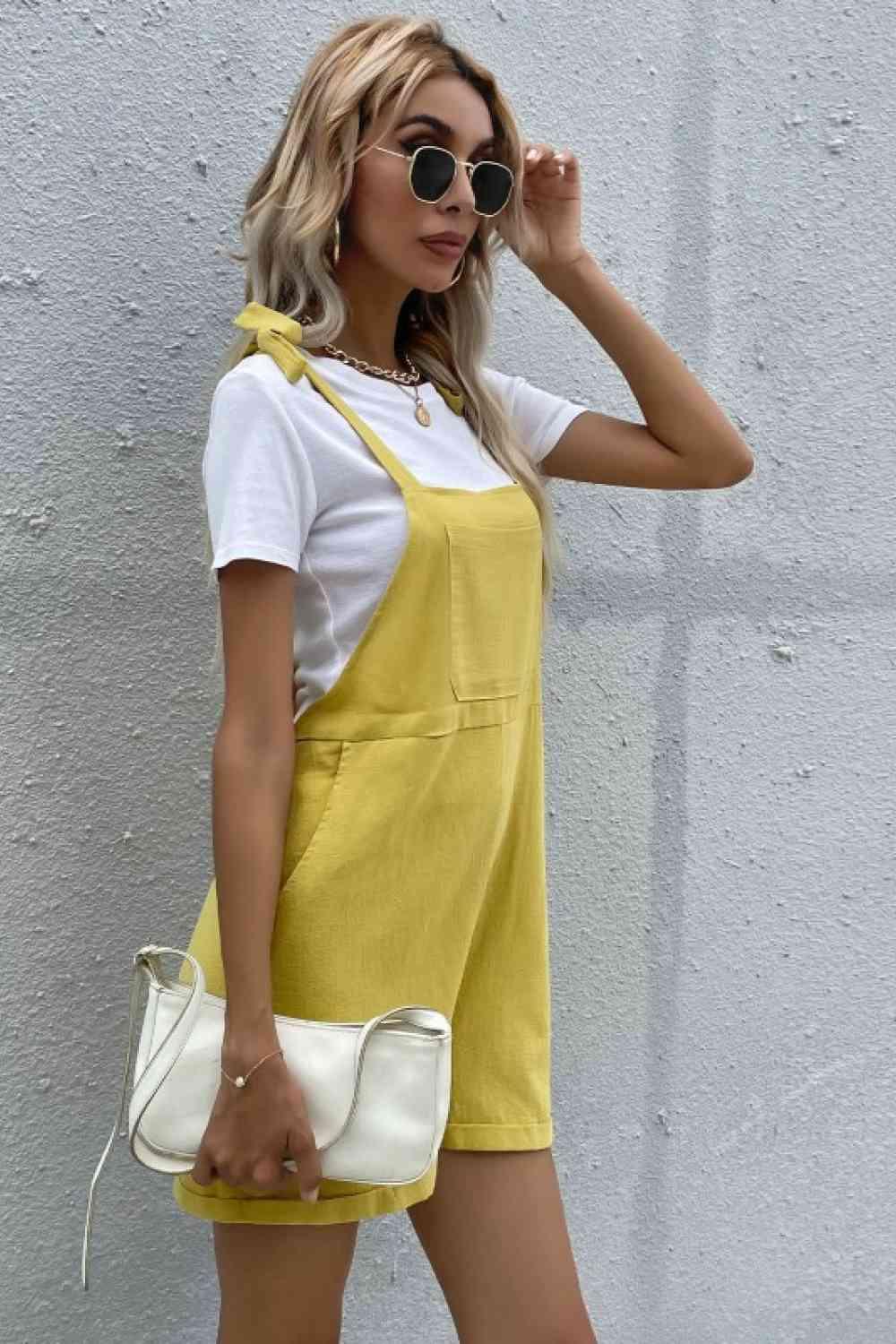 Tie Cuffed Short Overalls with Pockets - Immenzive
