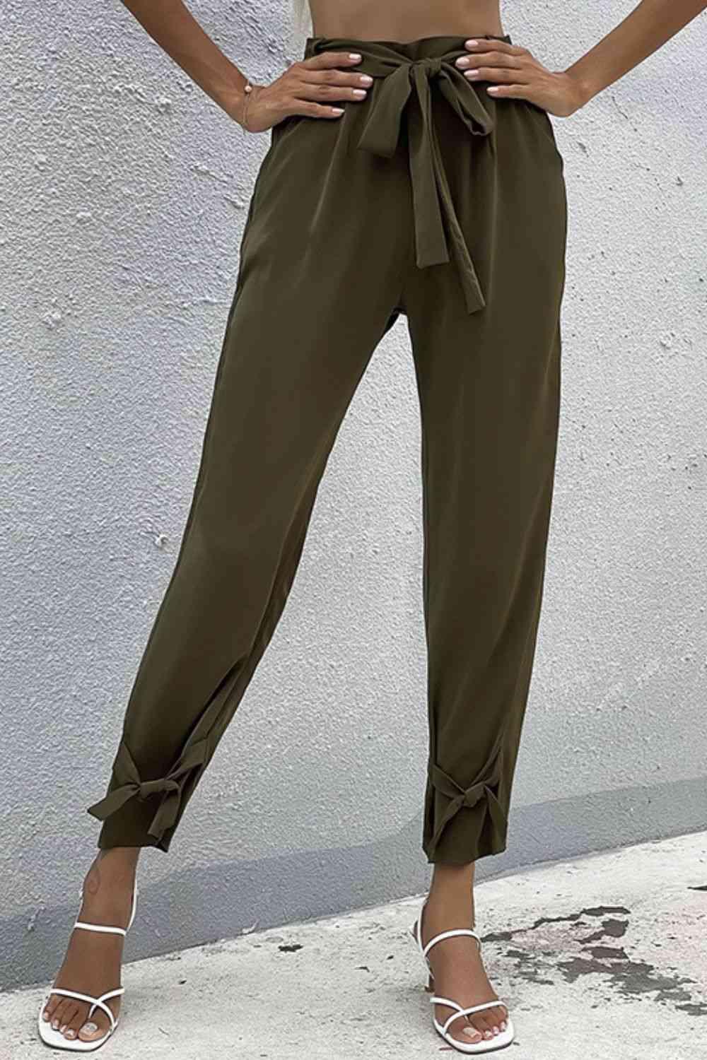 Tie Detail Belted Pants with Pockets - Immenzive