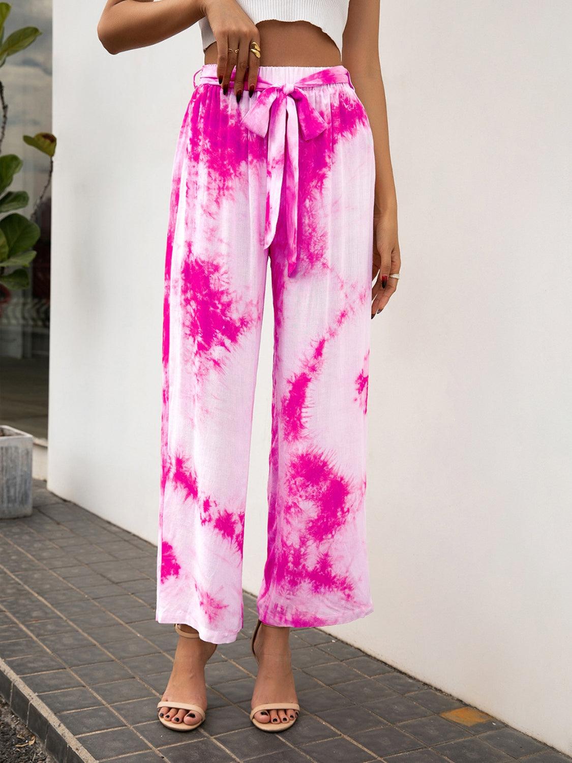 Tie-Dye Tie Front High Waist Pants - Immenzive