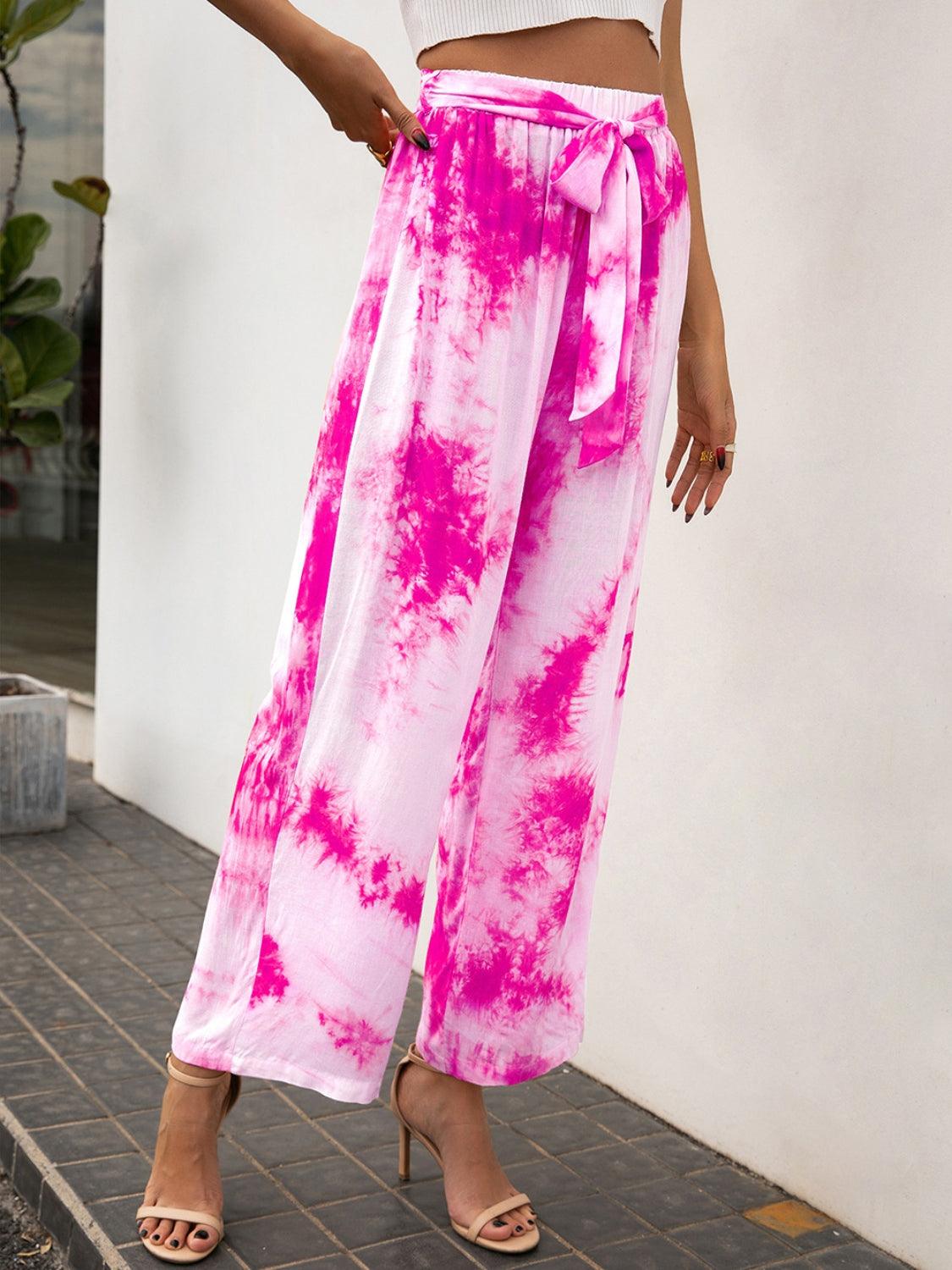 Tie-Dye Tie Front High Waist Pants - Immenzive