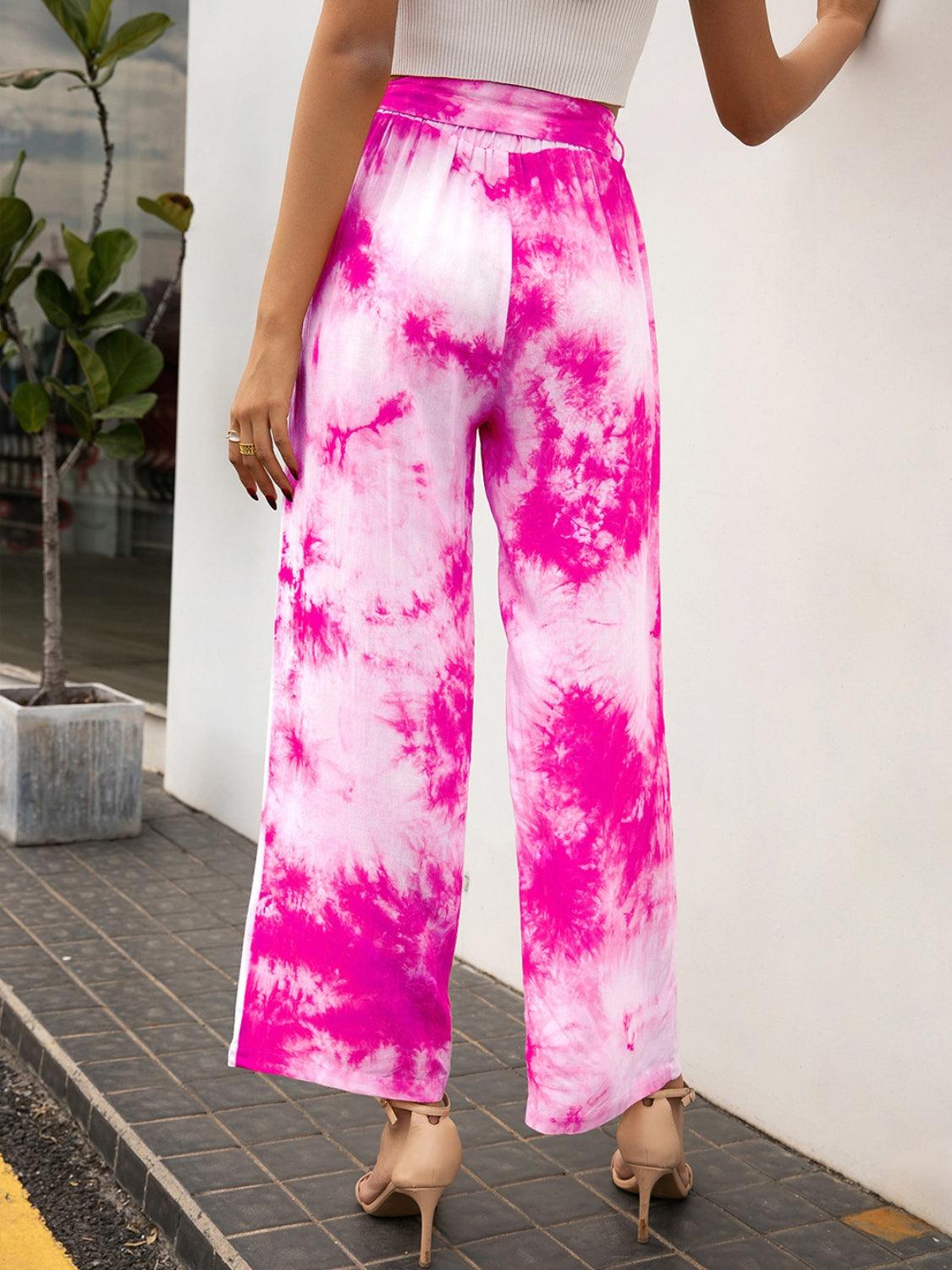 Tie-Dye Tie Front High Waist Pants - Immenzive