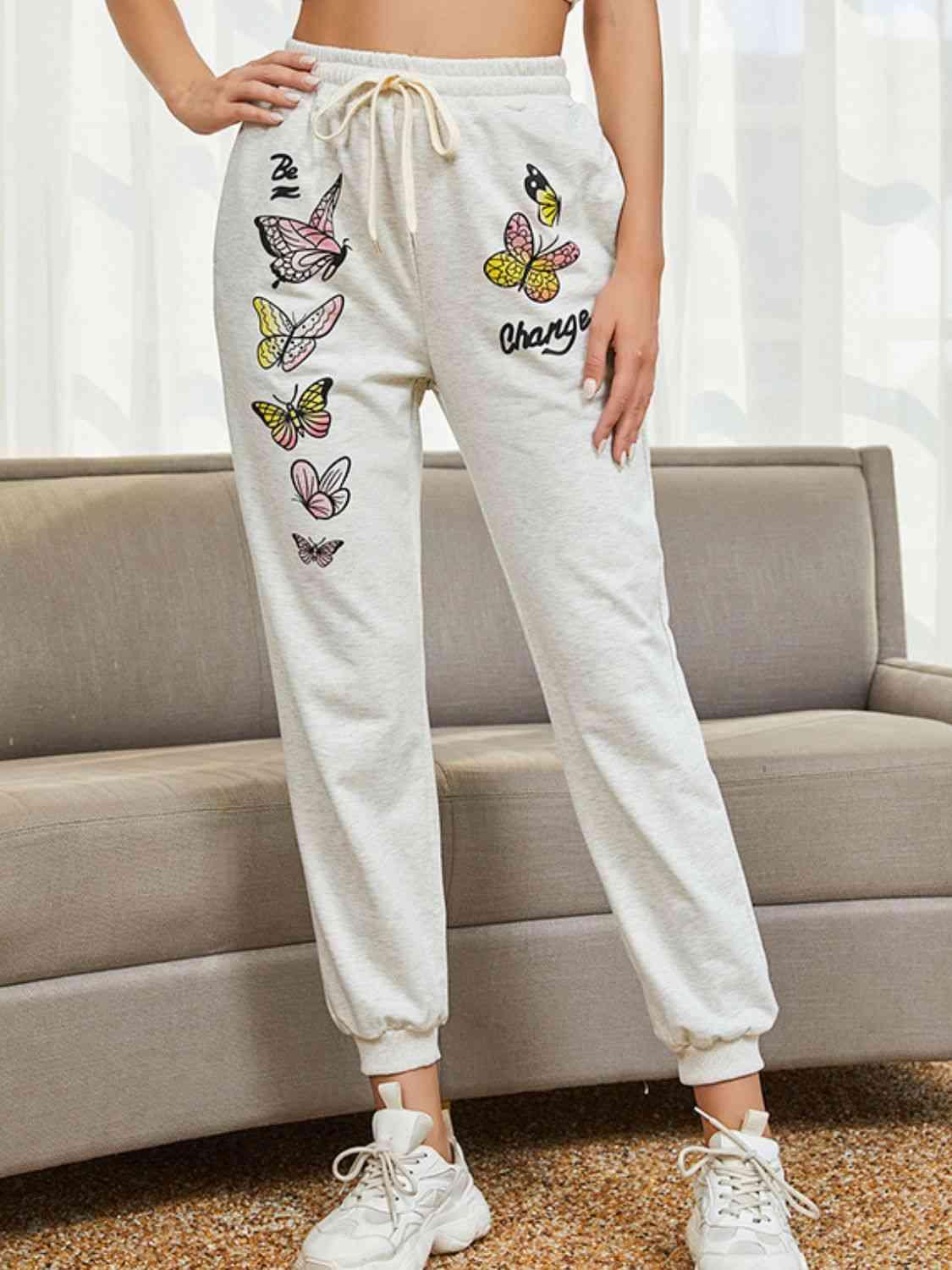 Tie Front Butterfly Graphic Long Pants - Immenzive