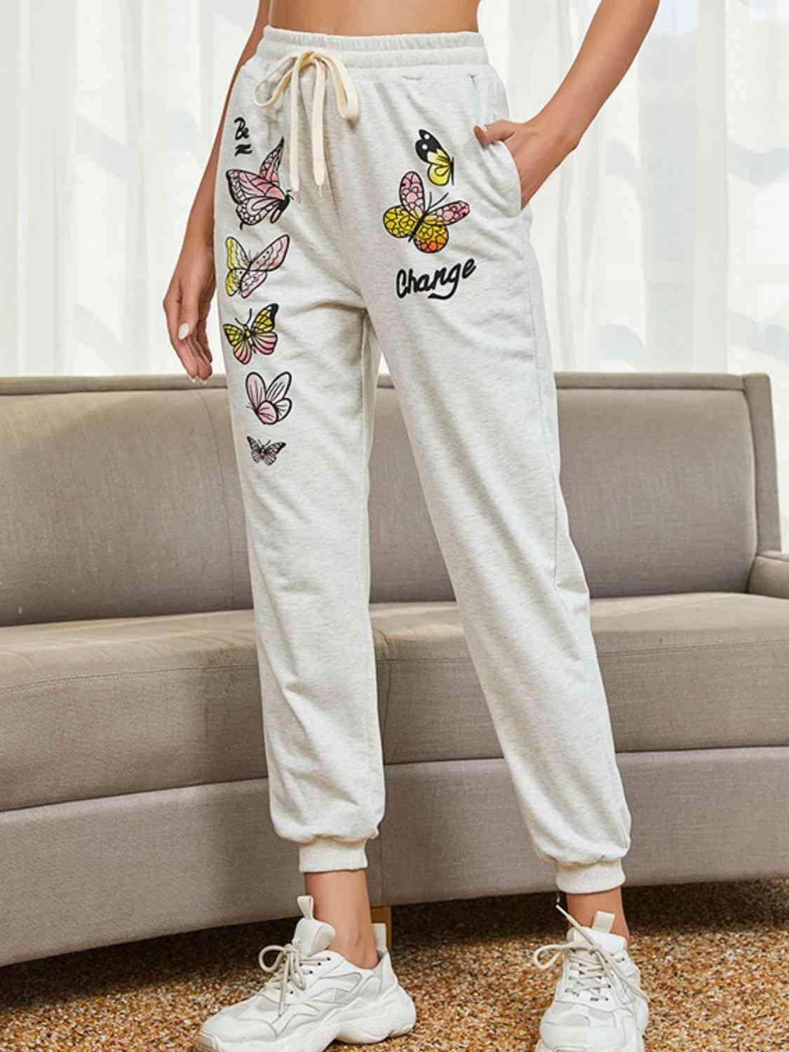 Tie Front Butterfly Graphic Long Pants - Immenzive