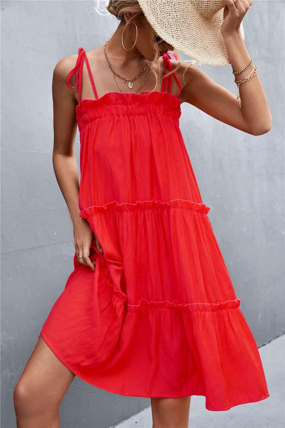 Tie-Shoulder Frill Trim Sleeveless Dress - Immenzive