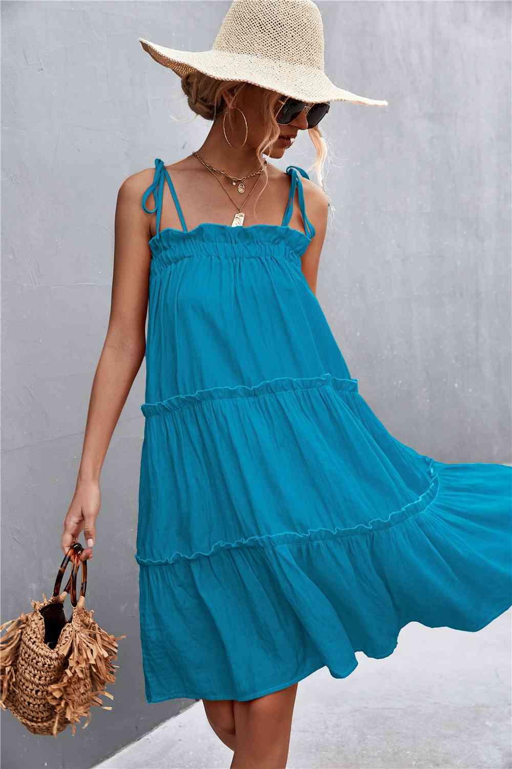 Tie-Shoulder Frill Trim Sleeveless Dress - Immenzive