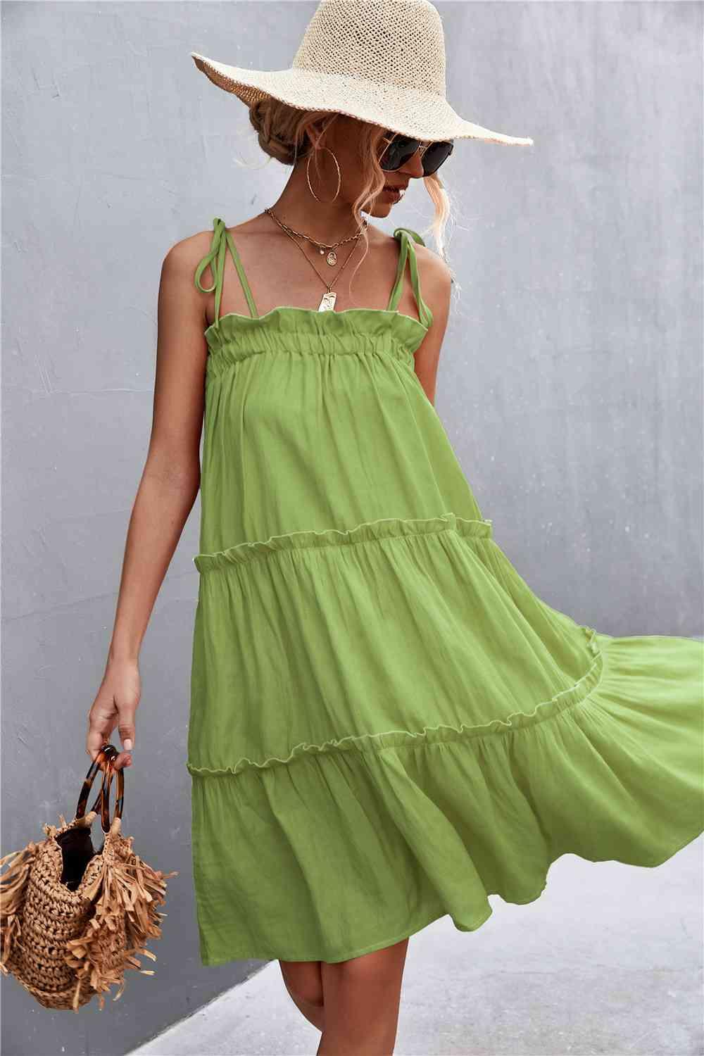 Tie-Shoulder Frill Trim Sleeveless Dress - Immenzive