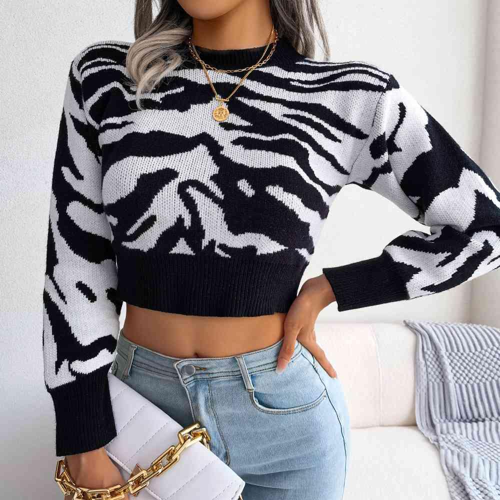 Tiger Print Mock Neck Cropped Sweater - Immenzive