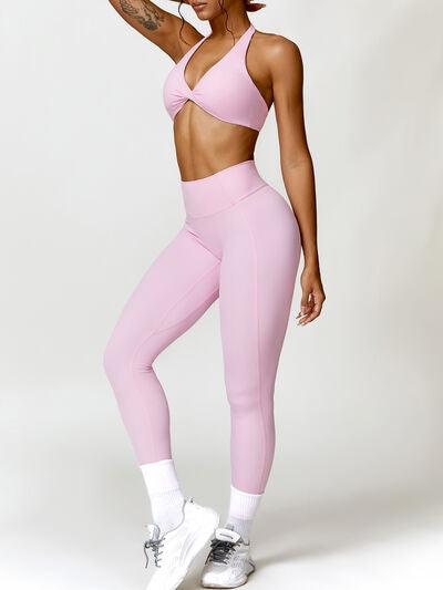 Twisted Halter Neck Bra and High Waist Leggings Active Set - Immenzive