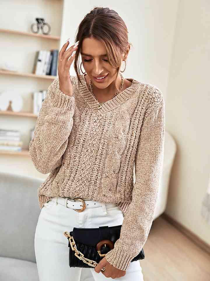 V-Neck Cable-Knit Long Sleeve Sweater - Immenzive