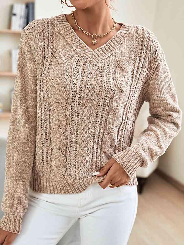 V-Neck Cable-Knit Long Sleeve Sweater - Immenzive