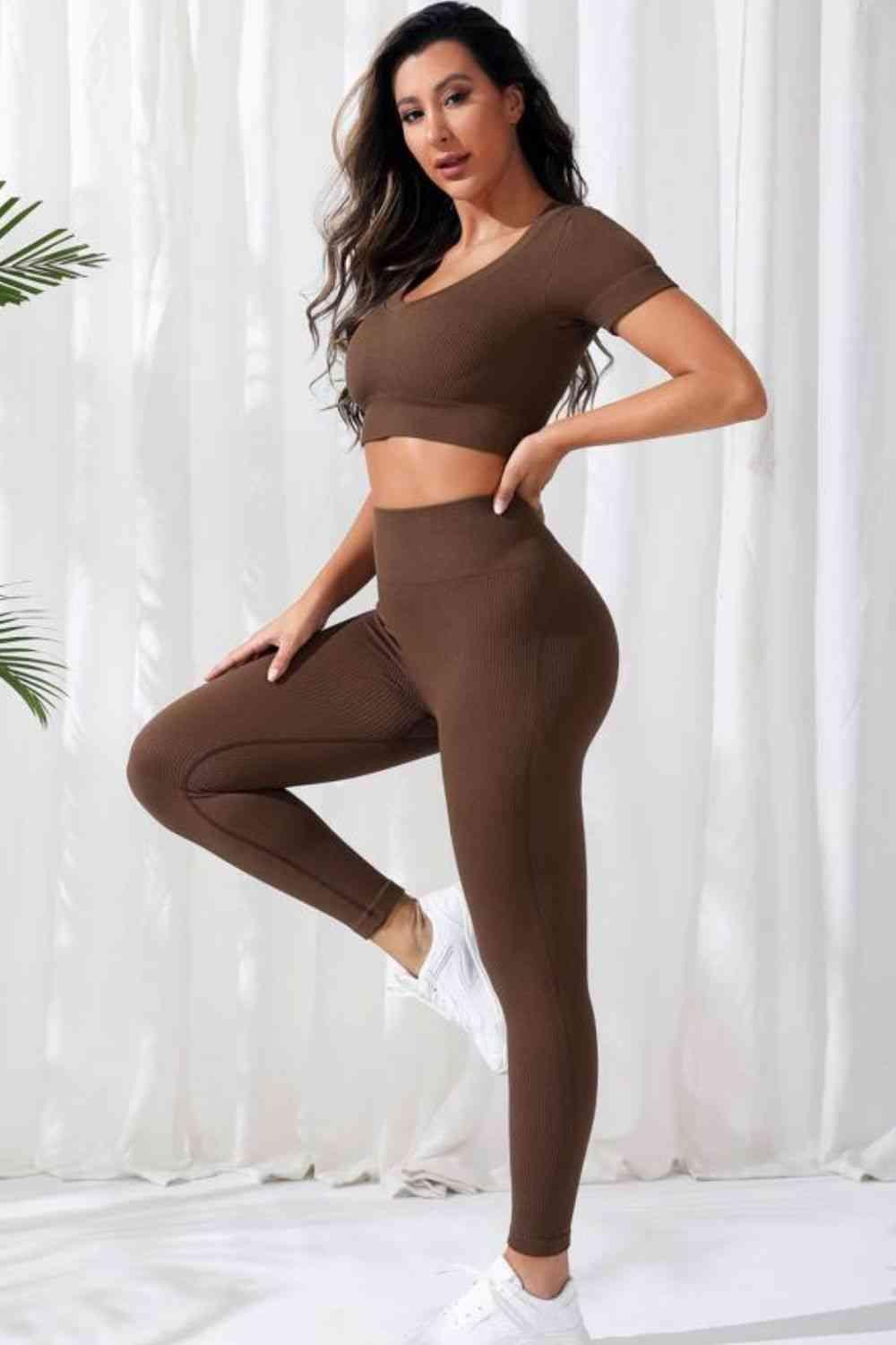 V-Neck Crop Top and High Waistband Long Active Pants - Immenzive