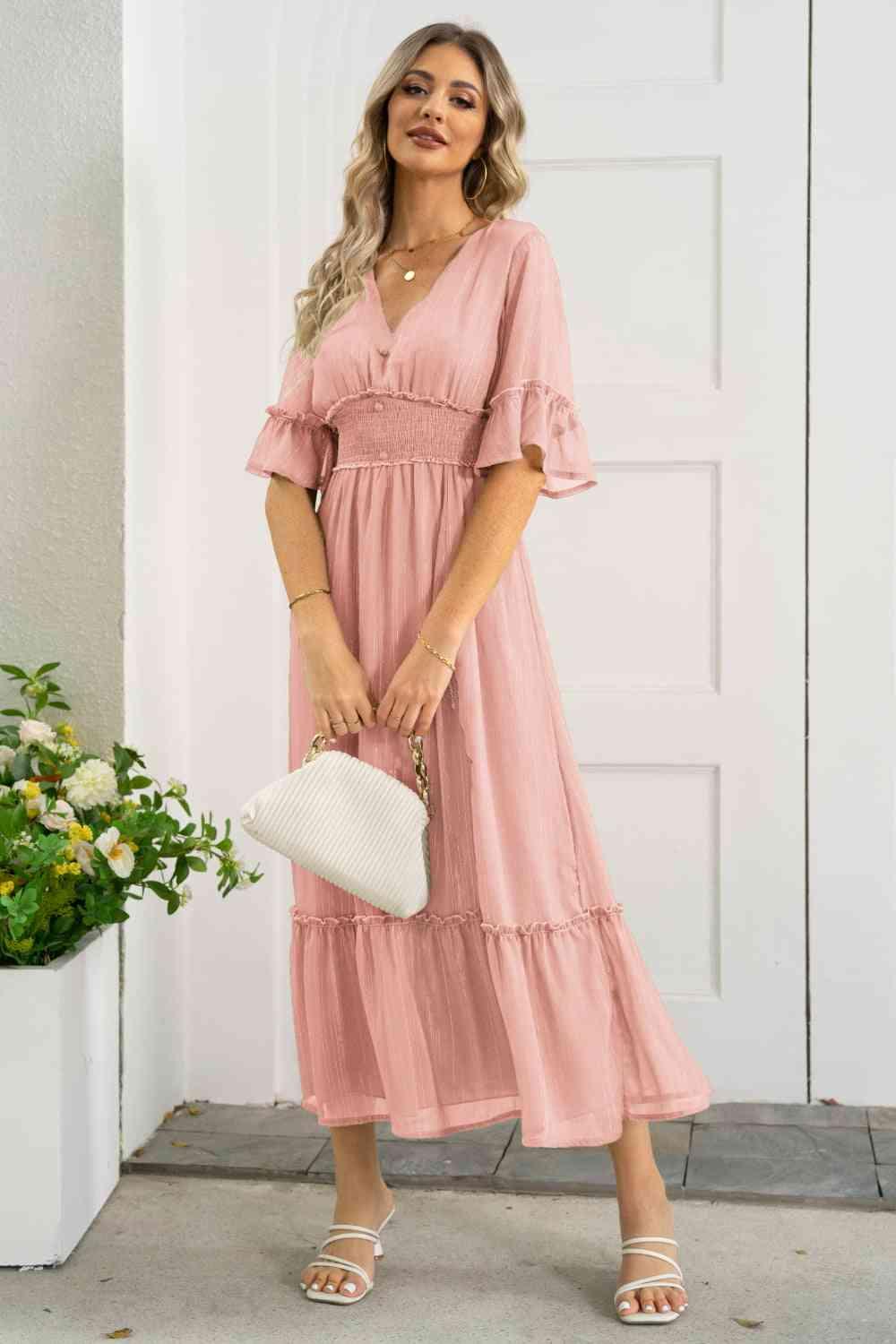 V-Neck Flounce Sleeve Smocked Waist High Slit Dress - Immenzive