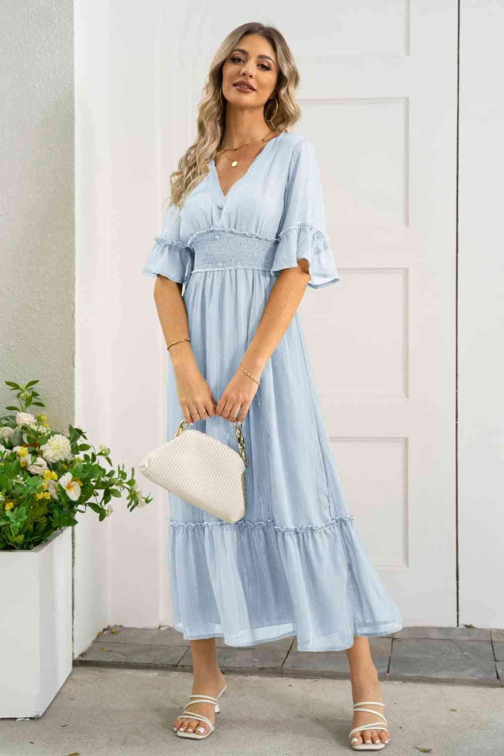 V-Neck Flounce Sleeve Smocked Waist High Slit Dress - Immenzive