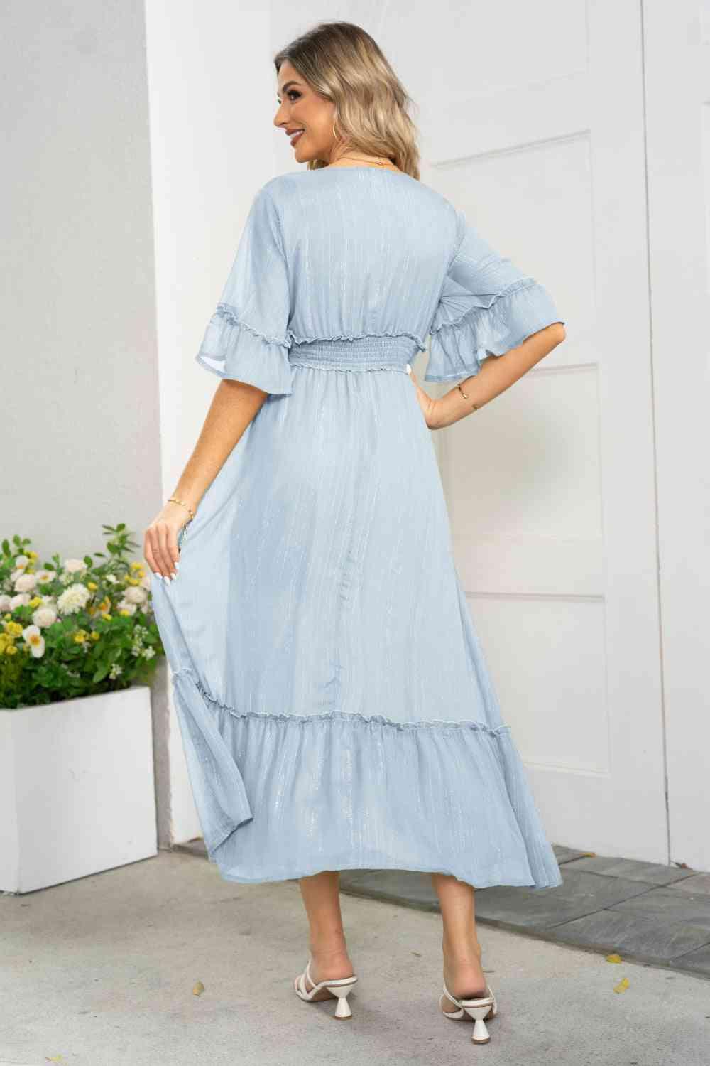 V-Neck Flounce Sleeve Smocked Waist High Slit Dress - Immenzive